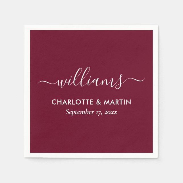 Modern Elegant Script Burgundy Wedding Napkins (Front)