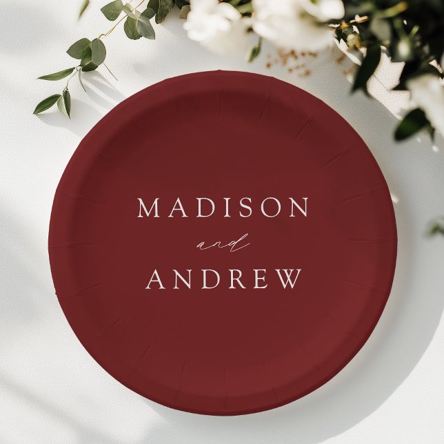 Modern Elegant Script Burgundy Wedding Paper Plates (Creator Uploaded)
