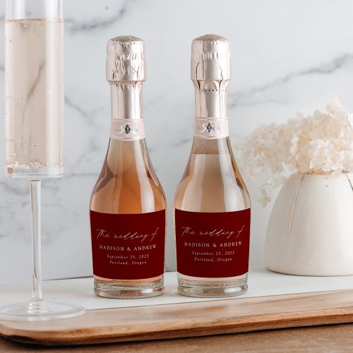 Modern Elegant Script Burgundy Wedding Sparkling Wine Label