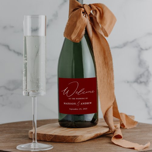 Modern Elegant Script Burgundy Wedding Sparkling Wine Label