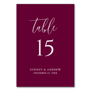 Modern Elegant Script Burgundy Wedding Table Number