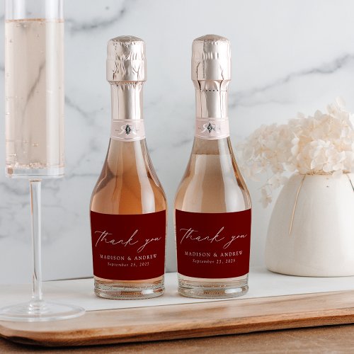Modern Elegant Script Burgundy Wedding Thank You Sparkling Wine Label