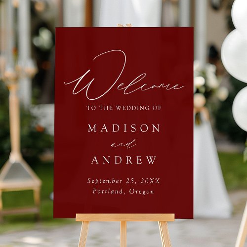 Modern Elegant Script Burgundy Wedding Welcome Acrylic Sign