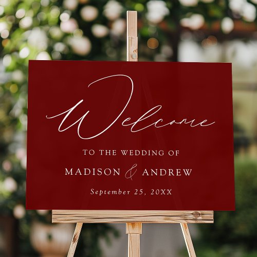 Modern Elegant Script Burgundy Wedding Welcome Acrylic Sign