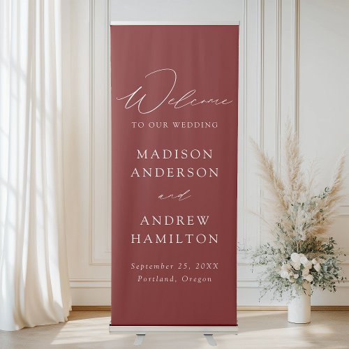 Modern Elegant Script Burgundy Wedding Welcome Retractable Banner