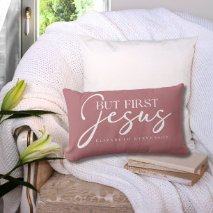 Modern Elegant Script But First Jesus Dusty Pink  Lumbar Pillow
