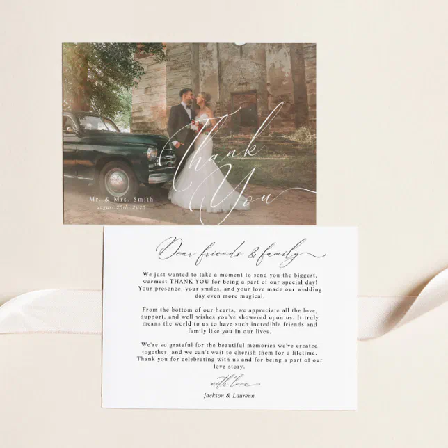Modern Elegant Script Calligraphy Photo Wedding Thank You Card | Zazzle