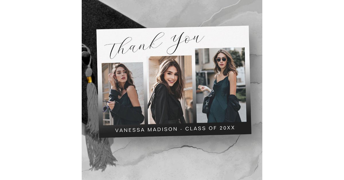 Modern Elegant Script Chic Gradient 3 Photo Grad Thank You Card | Zazzle