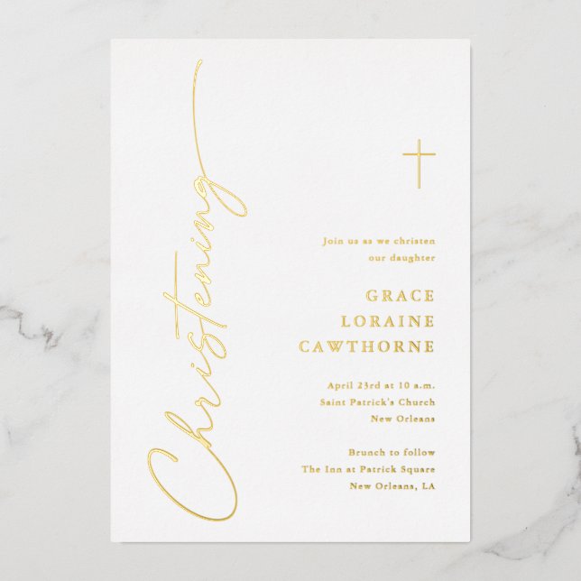 Modern Elegant Script Christening Gold Foil Invitation (Front)