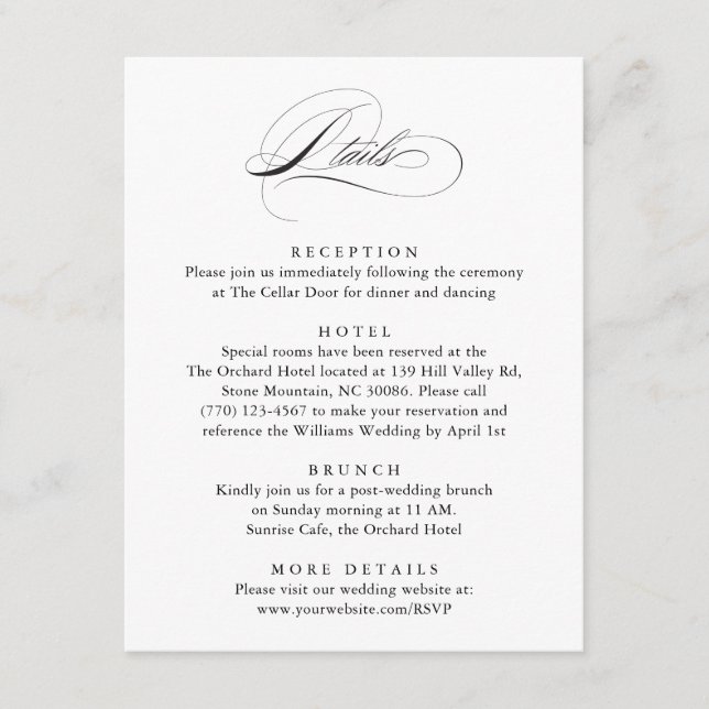 Modern Elegant Script Classic Wedding Details Enclosure Card (Front)