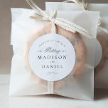 Modern Elegant Script Classic Wedding Favor Classic Round Sticker<br><div class="desc">Modern Elegant Script Classic Wedding Favor Round Sticker features unique calligraphy script paired with stylish type. The black and white color scheme is perfect for any event,  formal or casual.</div>