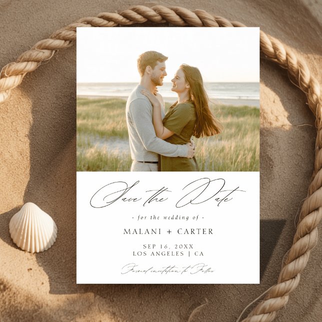 Modern Elegant Script Coastal Beach Photo Wedding Save The Date (Creator Uploaded)
