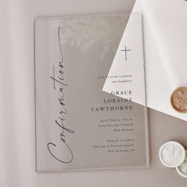 Modern Elegant Script Confirmation Acrylic Invitations (Modern handwritten religious confirmation acrylic invitations.)