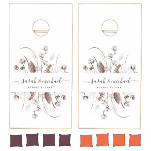 Modern Elegant Script Cotton Pine cone Wedding Cornhole Set