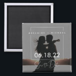 Modern Elegant Script Couple Photo Save the Date Magnet<br><div class="desc">Modern Elegant Script Couple Photo Save the Date Magnet. Simple black transparent overlay bold typography design. Contact us if you need some assistance: yourstyle@pgco-designs.com .</div>