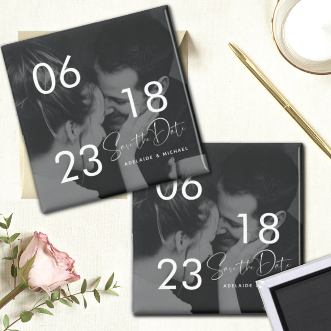 Modern Elegant Script Couple Photo Save the Date Magnet