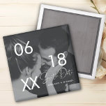 Modern Elegant Script Couple Photo Save the Date Magnet<br><div class="desc">Modern Elegant Script Couple Photo Save the Date Magnet. Black and White or color photo with simple black transparent overlay typography design.</div>