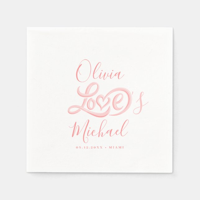 Modern elegant script couples names pink wedding napkins (Front)