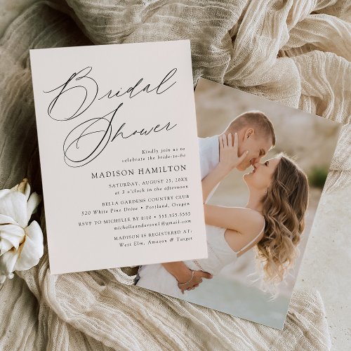Modern Elegant Script Cream Photo Bridal Shower Invitation