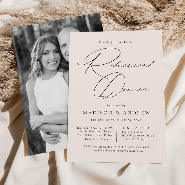 Modern Elegant Script Cream Photo Rehearsal Dinner Invitation (Creator Uploaded)
