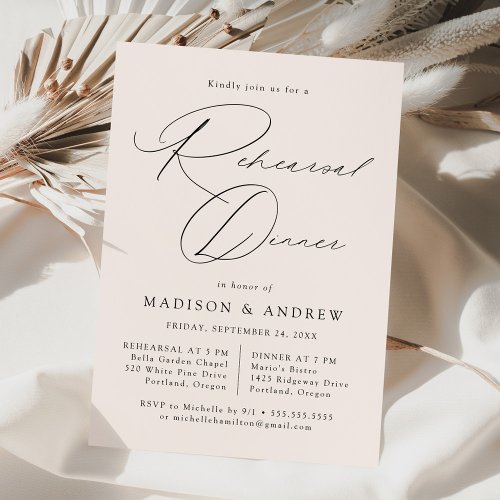 Modern Elegant Script Cream Rehearsal Dinner Invitation