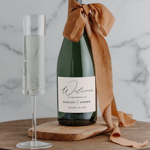 Modern Elegant Script Cream Wedding Sparkling Wine Label