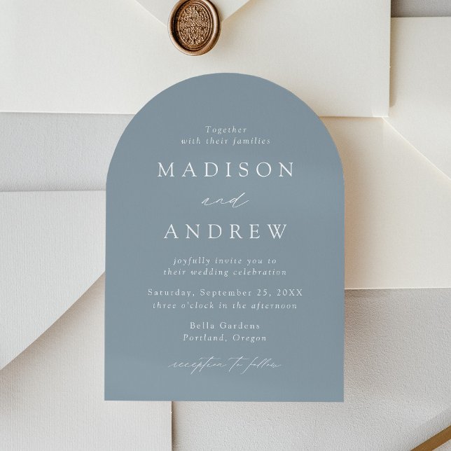 Modern Elegant Script Dusty Blue Arch Wedding Invitation (Creator Uploaded)