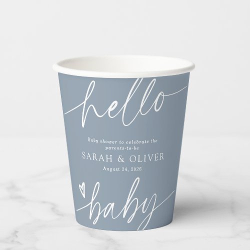 Modern Elegant Script Dusty Blue Baby Shower Paper Cups