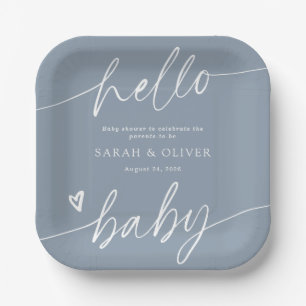 Modern Elegant Script Dusty Blue Baby Shower Paper Plates