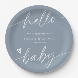 Modern Elegant Script Dusty Blue Baby Shower Paper Plates