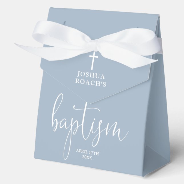 Modern Elegant Script Dusty Blue Baptism Favor Box (Front)