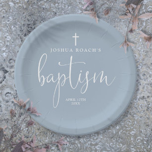 Modern Elegant Script Dusty Blue Baptism Paper Plates