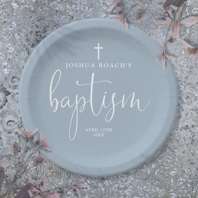 Modern Elegant Script Dusty Blue Baptism Paper Plates (Modern Elegant Script Dusty Blue Baptism Paper Plates)