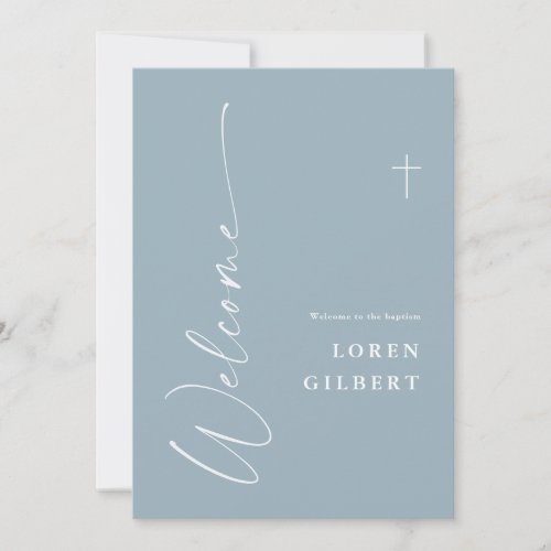 Modern Elegant Script Dusty Blue Baptism Welcome Invitation