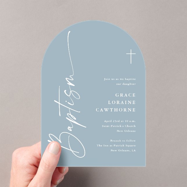 Modern Elegant Script Dusty Blue Boys Baptism Acrylic Invitations (Insitu (Handheld))