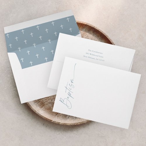 Modern Elegant Script Dusty Blue Boys Baptism Envelope