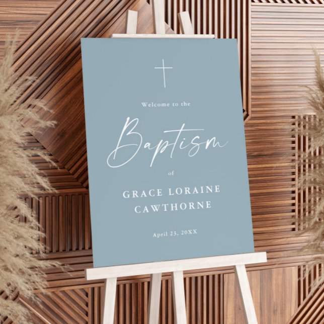 Modern Elegant Script Dusty Blue Boys Baptism Foam Board (Modern Script Dusty blue boys baptism welcome sign.)