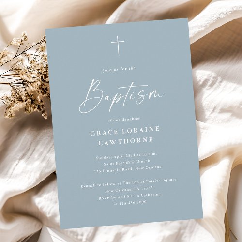 Modern Elegant Script Dusty Blue Boys Baptism Invitation