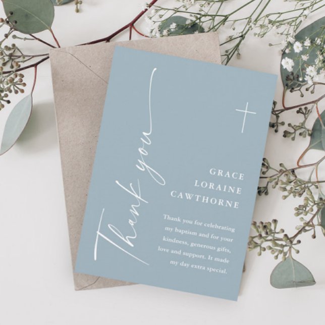 Modern Elegant Script Dusty Blue Boys Baptism Thank You Card (Modern Script Dusty Blue Boys Baptism Thank You Cards.)