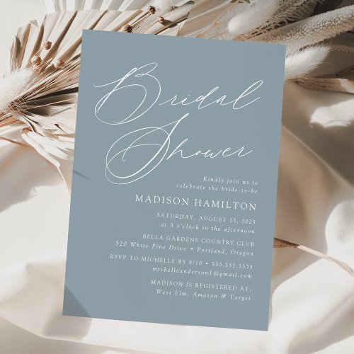 Modern Elegant Script Dusty Blue Bridal Shower Invitation