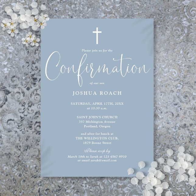 Modern Elegant Script Dusty Blue Confirmation Invitation (Modern Elegant Script Dusty Blue Confirmation Invitation)