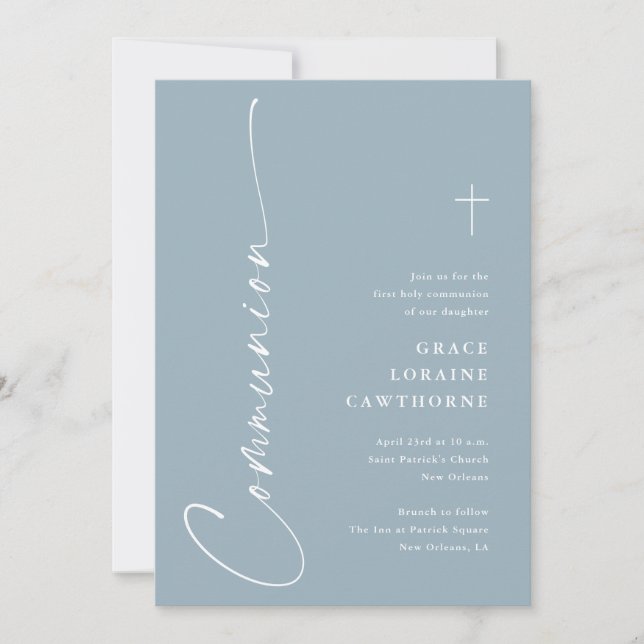 Modern Elegant Script Dusty Blue First Communion Invitation (Front)