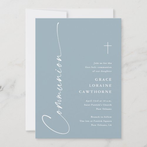 Modern Elegant Script Dusty Blue First Communion Invitation