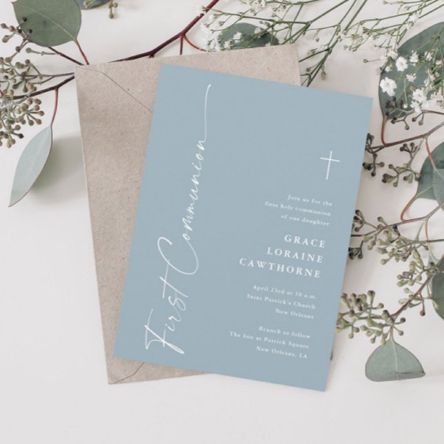 Modern Elegant Script Dusty Blue First Communion Invitation (Modern script dusty blue boho first communion invitations.)