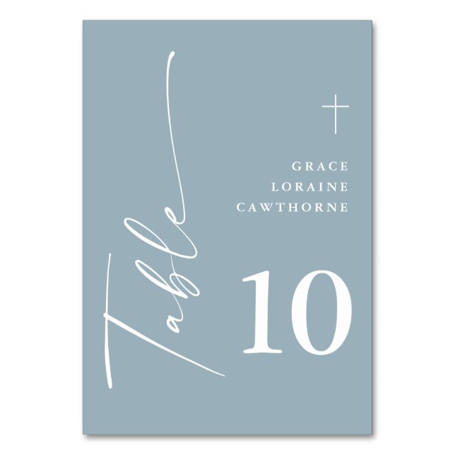 Modern Elegant Script Dusty Blue First Communion Table Number (Front)