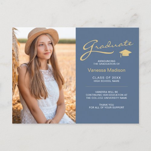 Modern Elegant Script Dusty Blue Gold 2 Photo Grad Postcard