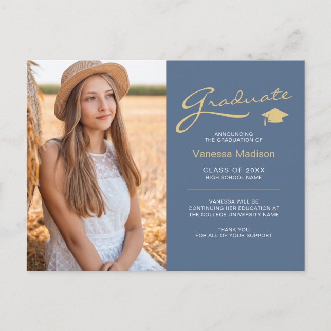 Modern Elegant Script Dusty Blue Gold 2 Photo Grad Postcard (Front)