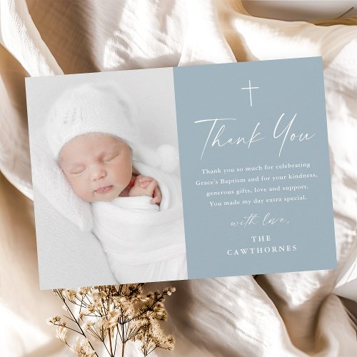 Modern Elegant Script Dusty Blue Photo Baptism Thank You Card