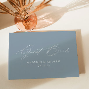 Modern Elegant Script Dusty Blue Photo Wedding Guest Book