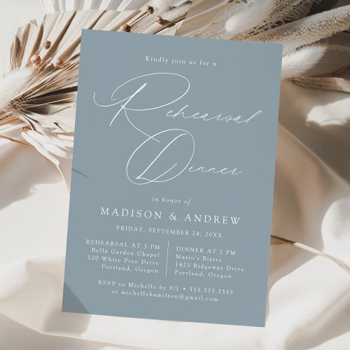 Modern Elegant Script Dusty Blue Rehearsal Dinner Invitation